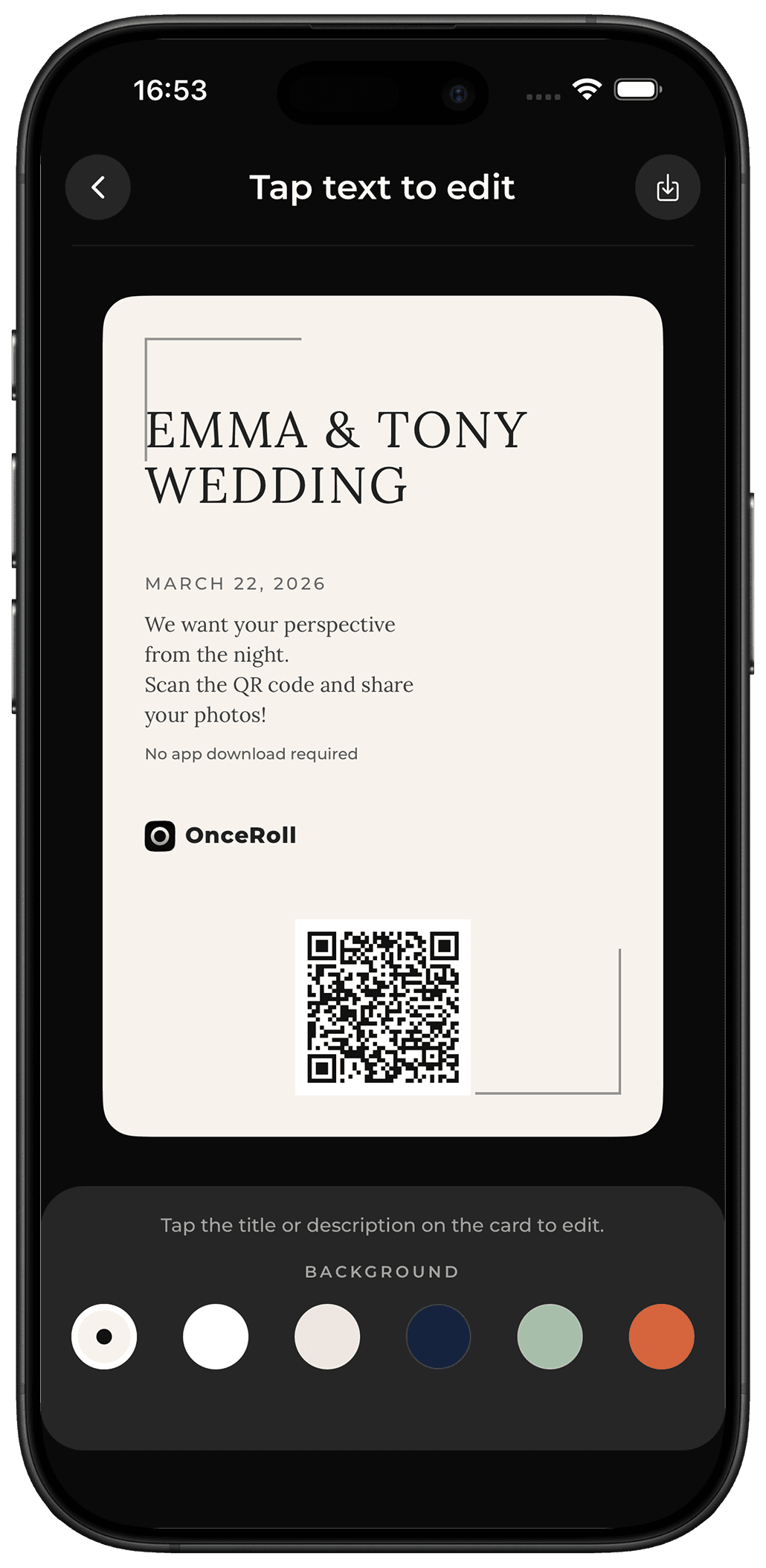 OnceRoll invitation screen with a QR code for wedding guests