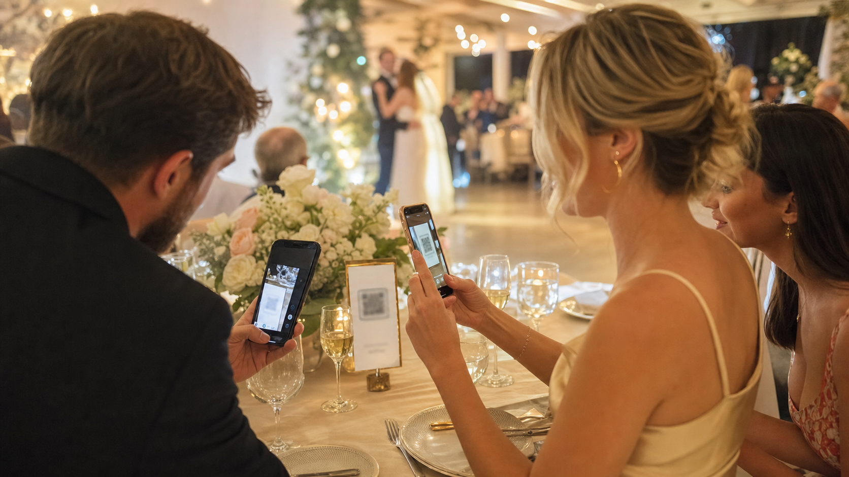 Guests scanning a QR card at a wedding reception table