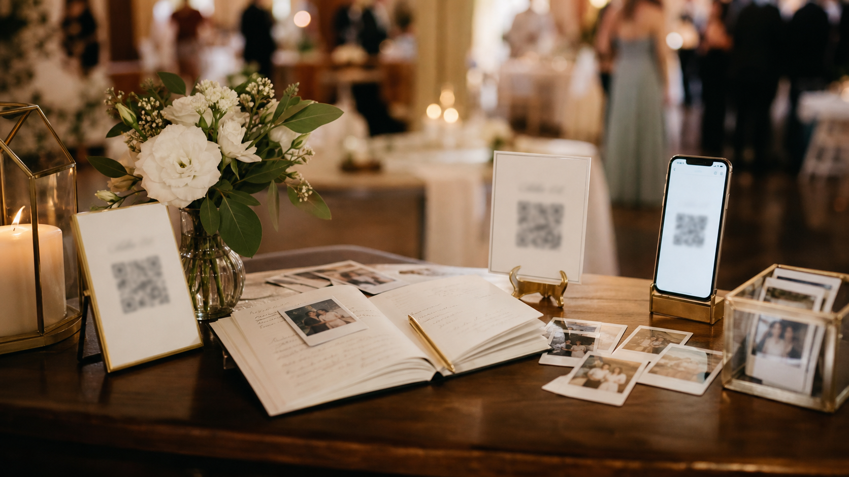 Wedding guestbook table with instant-photo styling and a QR card