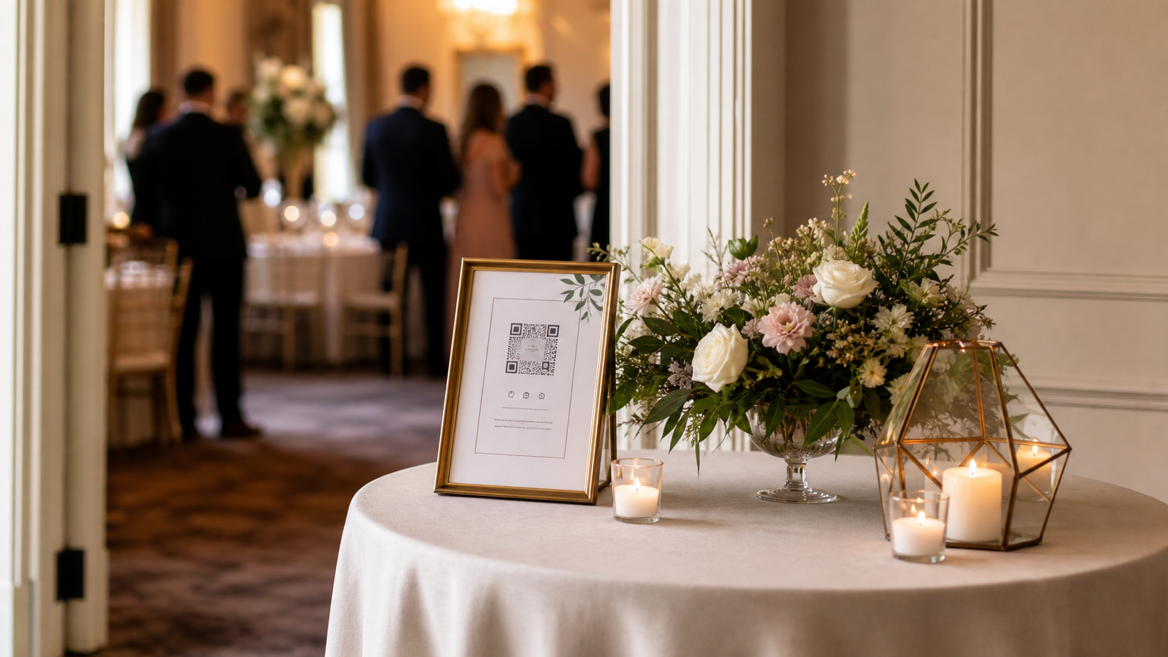 Wedding welcome table with a QR photo sign