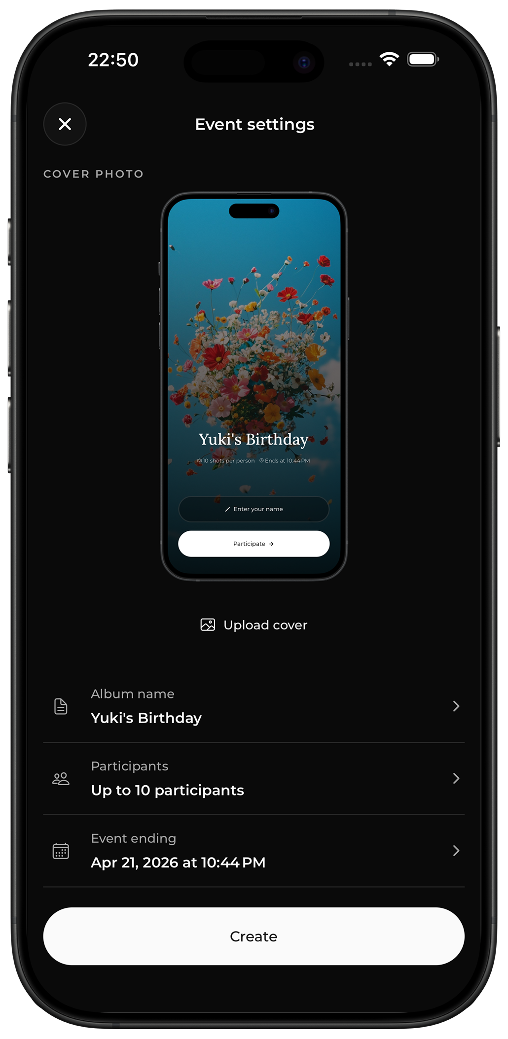 Create flow preview for a shared event photo app