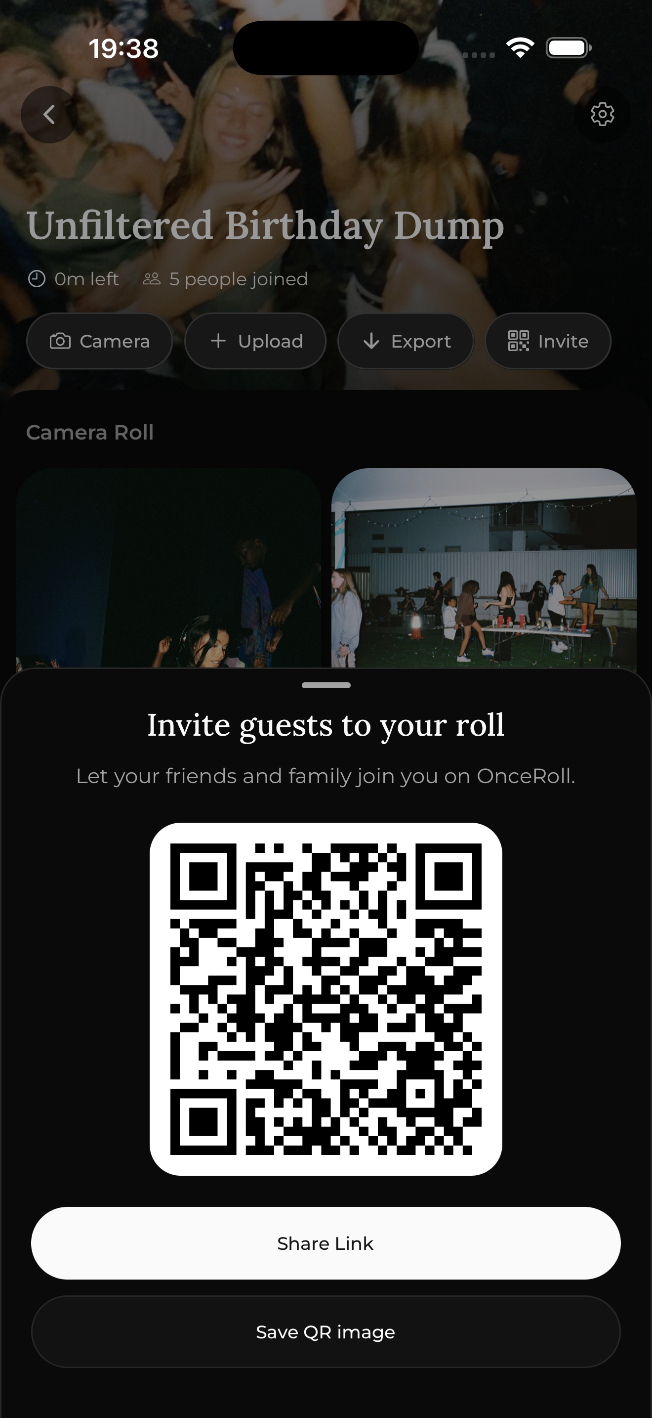 Wedding guest photo collection flow with QR-based joining